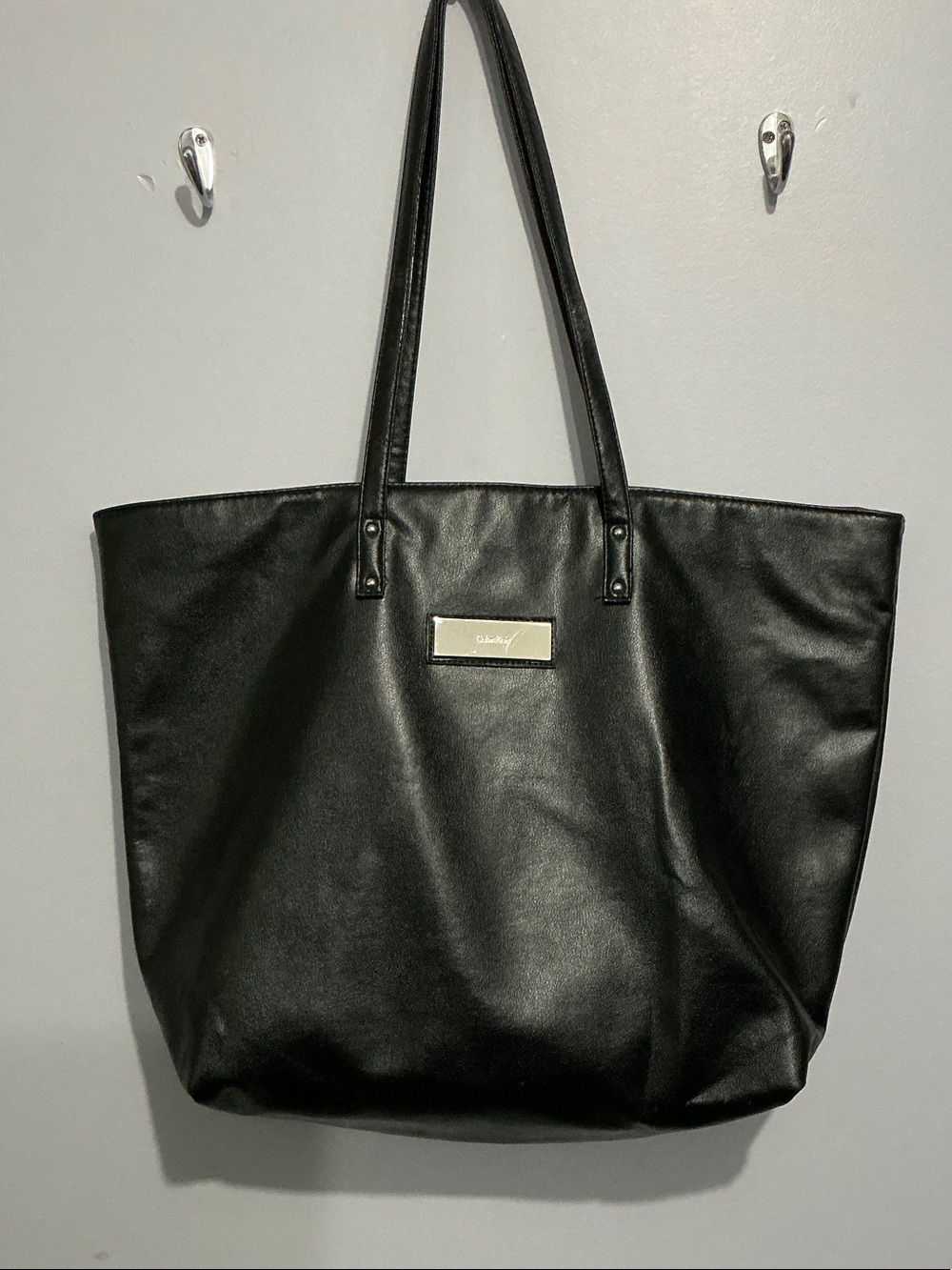 Calvin Klein Black Faux Leather Tote with Silver Plaque
